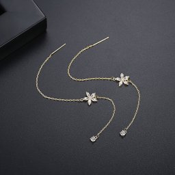 ピアス 両耳用 キュービックジルコニア ホワイト 真鍮 イエローゴールド シルバー アメリカンピアス 揺れる ゆれる ロング チェーン モチーフ フラワー 花 e19102311