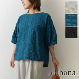【olet ihana オレットイハナ】(BARNDOOR バーンドア)  コットン 塩縮 七宝柄 パフ 袖 プルオーバー ブラウス (1194468g)レディース 春 夏 北欧 シャツ 5分袖 ゆったり 大人可愛い ナチュラル 服 新作 ナチュランド 30代 40代 50代 60代 母の日 クリスマス ギフト プレゼント