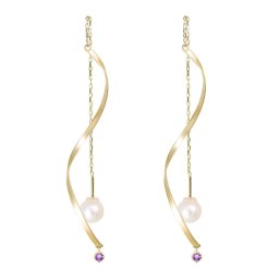 ロングチェーン ピアス 18金 レディース アメジスト 揺れる ウェーブ バー 18k チェーン アメリカンピアス パール おしゃれ アクセサリー 自分用