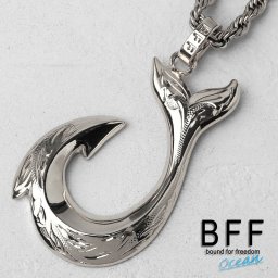 BFF ブランド フィッシュフックネックレス シルバー 銀色 silver マイレ スクロール 釣り針 ハワイアンジュエリー ロープチェーン 彫金 手彫り 専用BOX付属