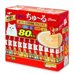 CIAO ちゅ?る　80本　まぐろ・とりささみ　バラエティ　5種フレーバー（まぐろ、まぐろとりささみ、 まぐろ貝柱入り、とりささみ、とりささみ貝柱入り）緑茶消臭成分　猫用おやつ　ペーストタイプ　いなばペットフード　COS-06　#75371　ちゅーる　[猫 キャットフード]