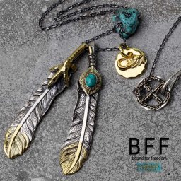BFF ブランド フェザーネックレス メンズ シルバー925 ターコイズ 上金 先金 金爪 ツイン ネイティブ インディアンジュエリー 羽根 メタルチャーム カスタム シルバーチェーン 天然石 トルコ石 唐草 アラベスク 金属アレルギー対応 専用BOX付属