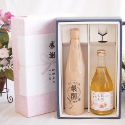 実りの秋の贈り物 感謝の贈り物ボックス果物リキュール桃×梨特集2本セット(老松酒造 梨園 12度(大分県) アルプス 信州のももを使ったワインです4度(長野県)) 500ml×2本