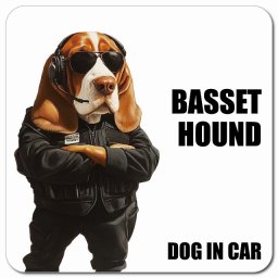 名入れ可 Basset Hound バセットハウンド カーサイン 車 マグネット 強力 13x13cm 正方形 セキュリティガード風 ちょい悪 マグネットステッカー 犬 安全対策 煽り運転 屋外 防水 屋内