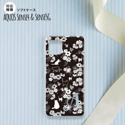 sense4 sense5 Aquos sense4/5 スマホケース ソフトケース 猫 花 黒 +アルファベット メンズ レディース nk-sens4-tp1725i