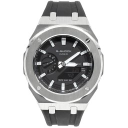 G-SHOCK メタル カシオーク カスタム GA2100  シルバー ステンレス製 ブラックラバーバンド バタフライバックル