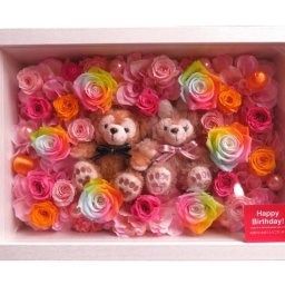 結婚祝い ダッフィー ぬいぐるみ 花束風 レインボーローズ プリザーブドフラワー入り ガラスケース 【Ｌ】 ダッフィー シェリーメイ ◆結婚祝いプレゼント・記念日の贈り物におすすめのフラワーギフト