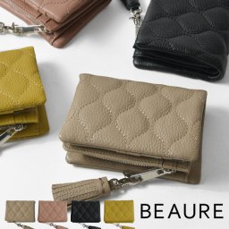 【Beaure ヴュレ】 タッセル付き カウレザー キルティング 2つ折り財布 / ウォレット   (B-22300) レディース 収納力 小銭入れ 定期入れ 本革 ICカード オフィス 通勤 通学 プレゼント  30代 40代 50代 ナチュラル おしゃれ クリスマス 母の日