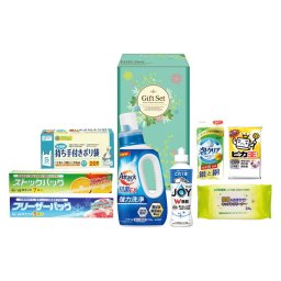 夏の贈り物お中元 ファインライフ洗剤セット 花王アタック抗菌EX（750g）･P&G除菌ジョイコンパクト（170ml）･持ち手付きポリ袋S20枚･除菌キッチンクリーナー24枚･ストックバッグM7枚･フリーザーバッグM5枚･泡クリアスポンジ･ピカ王ミニ×各1