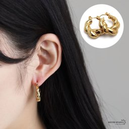 安心のステンレス素材 18kgp ワイドピアス ゴールド ツイストピアス 大ぶり 太め ロープピアス ねじりフープピアス 太幅 極太ピアス両耳 2点セット イヤリング