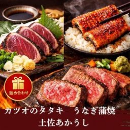 【高知名物】土佐の名産グルメ詰め合わせ　海・山・川特別セット｜鰹たたき・うなぎ蒲焼き・あかうし和牛｜高級ギフト・お取り寄せ カツオ500g あかうし200g うなぎ140g 送料無料（一部地域を除く）