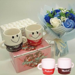 【結婚祝い特販】名入れ なかよし マグカップ(和装)メッセージボックス入り、今ならソープフラワー(ブルー)付き【数量限定】送料無料(沖縄・離島除く)、結婚祝い、結婚記念