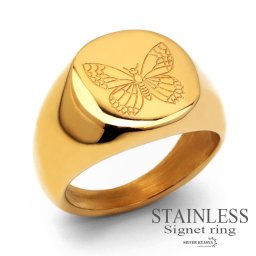 ステンレス リング レディース 指輪 シグネットリング 印台リング 蝶 バタフライ 太幅 幅広 ゴールド 金 18K 18金 IPメッキ 金属アレルギー対応 男女兼用 女性