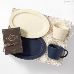 HYACCA限定ギフトボックス サクザン マグカップ CAFE TIME BOX/ネイビー＆ホワイト ［作山窯×HYACCA］ 結婚祝い 新築祝い 新居祝い ペア プレゼント 食器セット  皿 美濃焼　気が利く　縁起がいいもの　おしゃれ　式なし　ハイブランド　ハイセンス　15000円 クリスマス