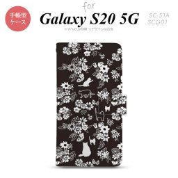 SC-51A SCG01 Galaxy S20 5G 手帳型 スマホケース 全面印刷 おしゃれ ストラップホール 内側にカードポケット付き 猫 花 黒 nk-004s-s20-dr1725