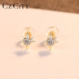 ピアス 両耳用 キュービックジルコニア 14K ホワイト イエローゴールド スタッド ラウンド 小粒 一粒 4本爪 モチーフ 星 スター シリコン14K筒型キャッチ e14119