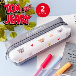 筆箱 トムとジェリー 2ルームペンケース ペンポーチ トム ジェリー トム＆ジェリー キャラ ピクセルアート かわいい 女の子 男の子 スリム 文房具 学校 学生 2ルーム 仕切り 仕分け 整理 便利 筆記用具 グレー 灰色 低学年 高学年 コンパクト