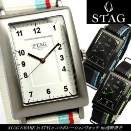 【STAG×BARK in STYLe by浅野啓介】 スタッグ コラボウォッチ 腕時計 メンズ スクエア型 ナイロン NATOベルト BARK001 うでどけい MEN'S