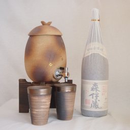 信楽焼・明山窯　焼酎サーバー　火色金小紋　2200ｃｃ(滋賀県)+萬古焼・備前金彩焼酎ペアカップ(三重県)+芋焼酎セット 森伊蔵1800ｍｌ(鹿児島)