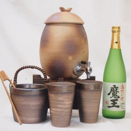 信楽焼・明山窯　焼酎サーバー　火色金小紋　2200ｃｃ(滋賀県)+萬古焼・備前金彩焼酎ペアカップ 氷入れ(三重県)+芋焼酎 白玉醸造 魔王 720ｍｌ(鹿児島県)