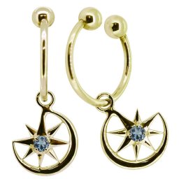 フープイヤリング k18 ノンホールピアス 揺れる 三日月 星 アクアマリンサンタマリア イヤーカフ レディース 痛くない 18k 両耳用 母の日 2024