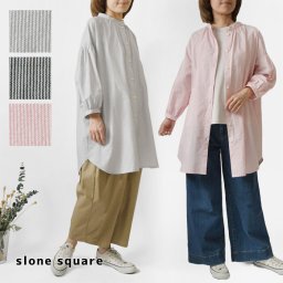 【slone square スロンスクエア】コットン ピンストライプ スタンドカラー ギャザー チュニック (58108)レディース 春 夏 秋 長袖 綿100 前開き 羽織り 日本製 体型カバー ナチュラル 服 新作 コーデ ナチュランド 30代 40代 50代 60代 母の日 クリスマス ギフト プレゼント