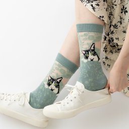 Jubilee Socks シースルーソックス ネコ柄 アートデザイン 10.ネコと花
