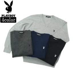 セーター メンズ プレイボーイ PLAYBOY Vネックセーター ウール混 V首 ウオッシャブルウール ワンポイント 家庭で洗える 毛混 キレイ目 しなやか ソフト