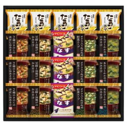 実りの秋の贈り物 フリーズドライ バラエティセット セット内容/たまごスープ（6.4g）×5、豆腐と油揚げのおみそ汁･2種のきのこの赤だしおみそ汁･あおさとわかめのおみそ汁･オクラ入ねばねば野菜スープ･アマノフーズいつものおみそ汁なす（9.5g）×各3