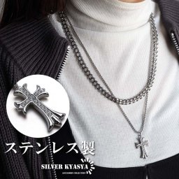 ステンレス 2連チェーンネックレス クロスネックレス ペンダント シルバー 喜平チェーン ベネチアンチェーン ボックスチェーン 二重ネックレス 重ね付け cz 十字架 ストーン キラキラ 重厚感 重量感 金属アレルギー対応