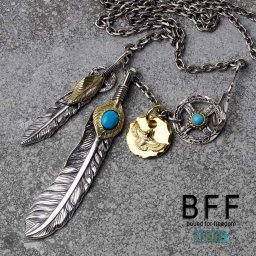 BFF ブランド フェザーネックレス メンズ シルバー925 ターコイズ 上金 ツイン ネイティブ インディアンジュエリー 羽根 メタルチャーム カスタム シルバーチェーン 唐草 アラベスク 金属アレルギー対応 専用BOX付属