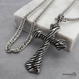 ステンレス クロスネックレス ダブル喜平チェーンネックレス 大ぶりネックレス シルバー 縞模様 ゼブラ 十字架 中折式留具 映える メンズ 男性 お洒落 人気 トレンド 流行り 金属アレルギー対応 ペンダント