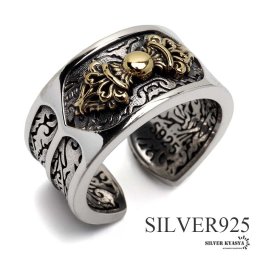 シルバー925 ワイドリング 金剛杵リング バジュラリング ごつめ 指輪 重厚感 アンティーク ビンテージ 雲 模様 六字真言 三鈷杵 五鈷杵 法具 個性的 男性 メンズ 金属アレルギー対応
