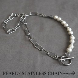 ネックレス メンズ silver kyasyaオリジナル あずきチェーン マンテル パールネックレス ハンドメイド銀色 ステンレス 金属アレルギー対応 男性