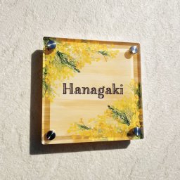 名入れ アクリル表札 ミモザウッド｜名前入り 8mm厚 正方形 14.5cm ミモザ 花柄 木目調 イエロー 黄色 グリーン ボタニカル ナチュラル 北欧風 かわいい おしゃれ 透明 クリア 玄関 戸建て 新築 新居 引っ越し祝い 新築祝い 開店祝い 開業祝い 店舗看板 ショップサイン ネームプレート オーダーメイド 日本製 ギフト 贈り物 カフェ サロン 美容室 花屋 サイズ変更対応