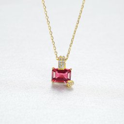 ネックレス キュービックジルコニア レッド シルバー925 イエローゴールド 小豆 アズキチェーン 引き輪 エメラルドカット 大粒 4本爪 40cm+5cm cn20061136