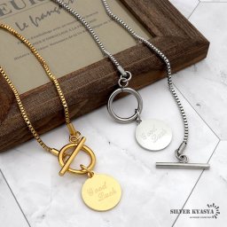 レディースネックレス ベネチアンチェーン チャーム コイン 英字 ステンレス IPメッキ 18k 金メッキ マンテル シルバー ゴールド silver gold オリジナル ハンドメイド 金属アレルギー対応 女性
