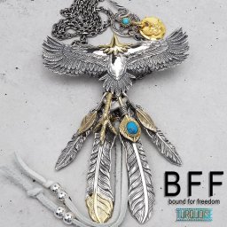 BFF ブランド イーグルネックレス メンズ ネックレス シルバー925 インディアンジュエリー ネイティブ 金爪 上金 本革 羽根 イーグル 豪華 カスタム 金属アレルギー対応 専用BOX付属