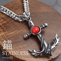 ステンレス アンカーネックレス 錨ネックレス ペンダントネックレス レッドターコイズ ブルー ダブル喜平チェーンネックレス 6面カット ごつめ メンズ 男性 金属アレルギー対応