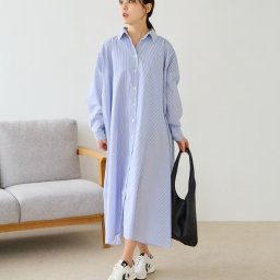 【送料無料】授乳服〈授乳/マタニティ〉ストライプロングシャツワンピース