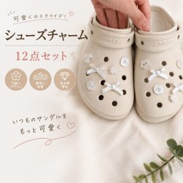 シューズチャーム 12点セット 靴アクセサリー サンダルチャーム リボン 花 ボタン 白 ホワイト 可愛い デコパーツ 靴飾り 穴あきサンダル用 カスタム 子供 大人 レディース キッズ