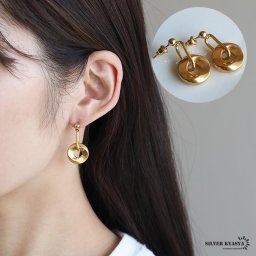 ステンレス素材 ラウンドピアス 揺れる ドロップピアス スタッドピアス ゴールド gold 18K GP 個性的 ユニーク 金属アレルギー対応 両耳 イヤリング