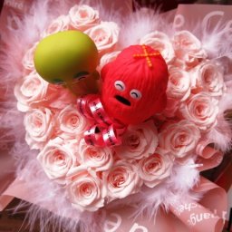 ガチャピン　ムック入り　花　ハート　ポンキッキ　フラワーギフト　クリアーケース付き　ハート　プリザーブドフラワー