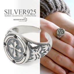 シルバー925 クロス 印台リング 十字架 指輪 ゴシックリング フリーサイズ 金属アレルギー対応 silver 銀 オープンリング おしゃれ ワイドリング 太幅