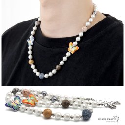 ネックレス メンズ パールネックレス 蝶 バタフライ ストリート silver 銀色 人工石 stone ステンレス 金属アレルギー対応 父の日 男性
