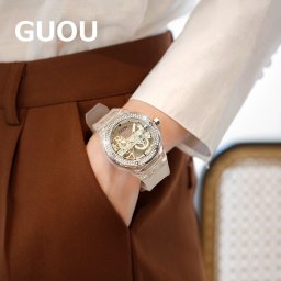『 時計のプレゼントを贈る 』GUOU レディース腕時計 女性用 腕時計 時計 ウォッチ ラインストーン石使用クォーツ アクセサリー  かわいい おしゃれ ゴールド ブレスレット 旅行 イベント カジュアル スケルトン