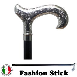 ☆イタリア製 ウォーキング ステッキ ファッション 杖 L型 シルバー 黒☆おしゃれ ダンディな お父様へ 高級 銀 ブラック 手作り ott-4319sl