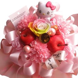 誕生日プレゼント キティ 花束風ギフト レインボーローズ プリザーブドフラワー入りマスコット種類はおまかせ ケース付き ラテ