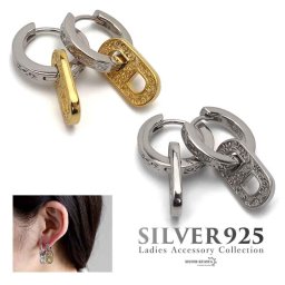 シルバー925 2連 フープピアス 18K GP レディース チェーンピアス ゴールド シルバー ツートンカラー アラベスク 唐草 金属アレルギー対応 両耳用 2点セット イヤリング 女性