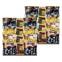 実りの秋の贈り物 北海道産4種類の魚の煮付けとフリーズドライ詰合せ とうふと油揚げのおみそ汁･2種のきのこの赤だしおみそ汁･あおさとわかめのおみそ汁･オクラ入ねばねば野菜スープ×各2、北海道産魚の煮付け（いわしの旨煮･さばの味噌煮･さんまの味噌煮･さんまの旨煮）×各4